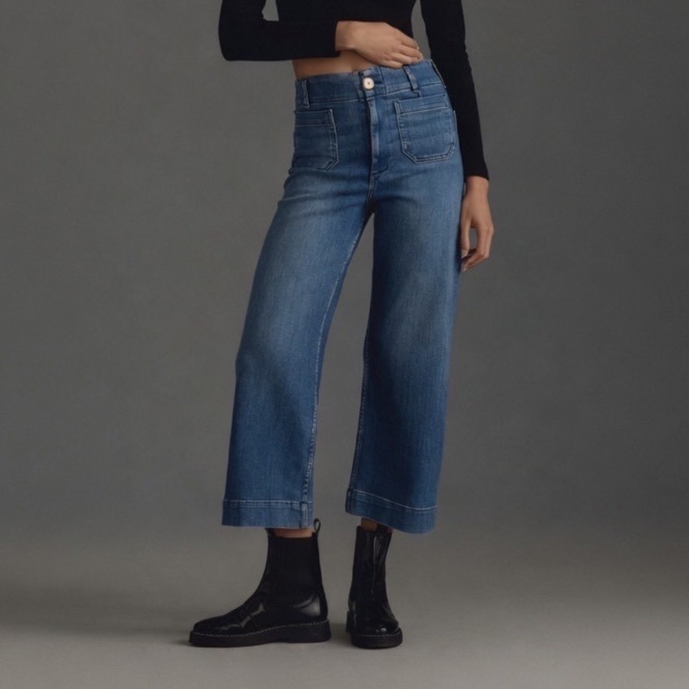 Maeve Anthropologie The Colette High Rise Wide Leg Cropped Jeans Blue 29 Stretch